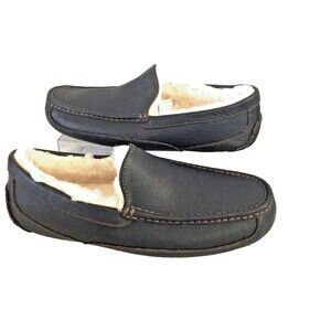 UGG Men's Ascot Slippers 12 EEE Wide Dark Spice Brown Leather House Shoes 5379